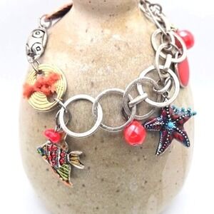 Chico's Charm Bracelet Silver Tone Red Starfish Fish Nautical Funky
